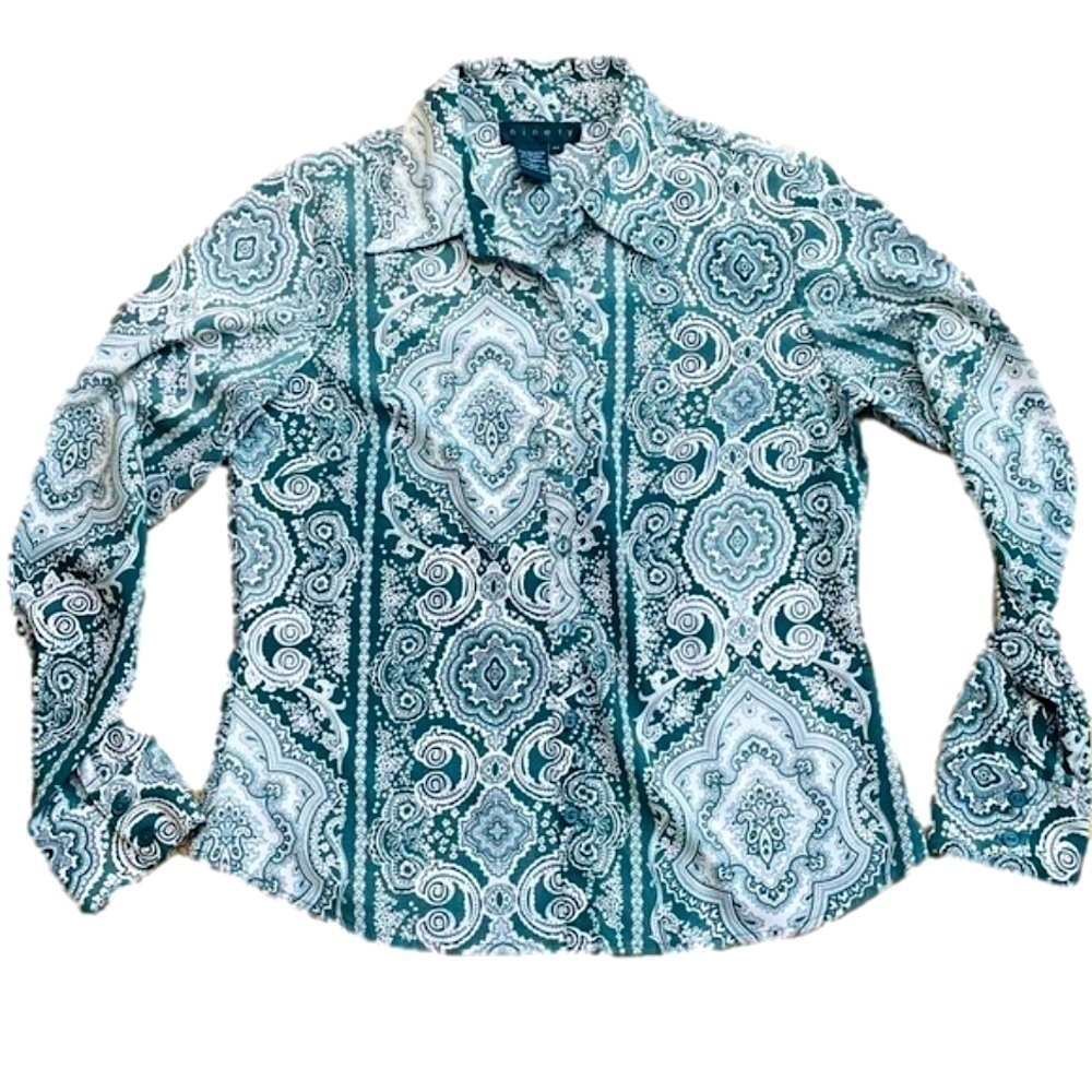 Ninety Brand Olive Grey Printed Button Down Blouse Dress Shirt